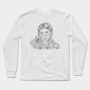 Sketch Girl with peonies, line, black and white,portrait Long Sleeve T-Shirt